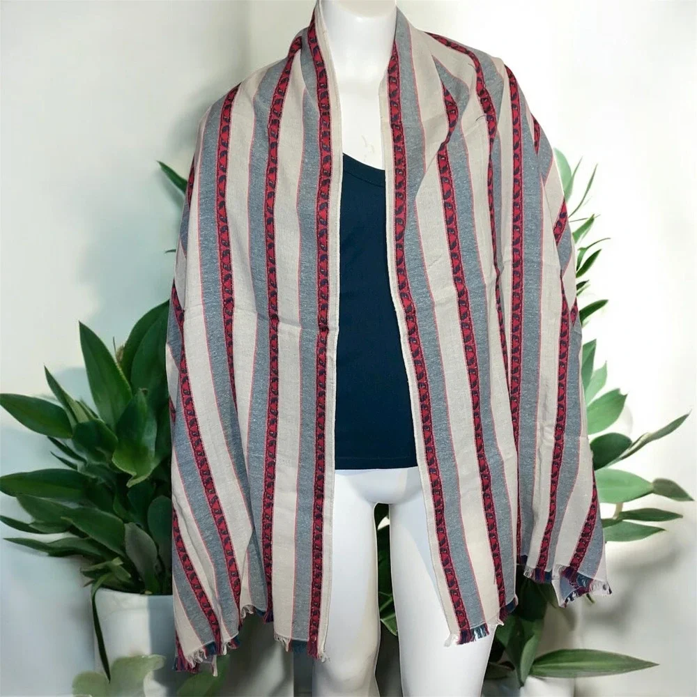 Alliance Merchandising Cotton Silk Striped Wrap Scarf Blue‎ Red Cream Fringe